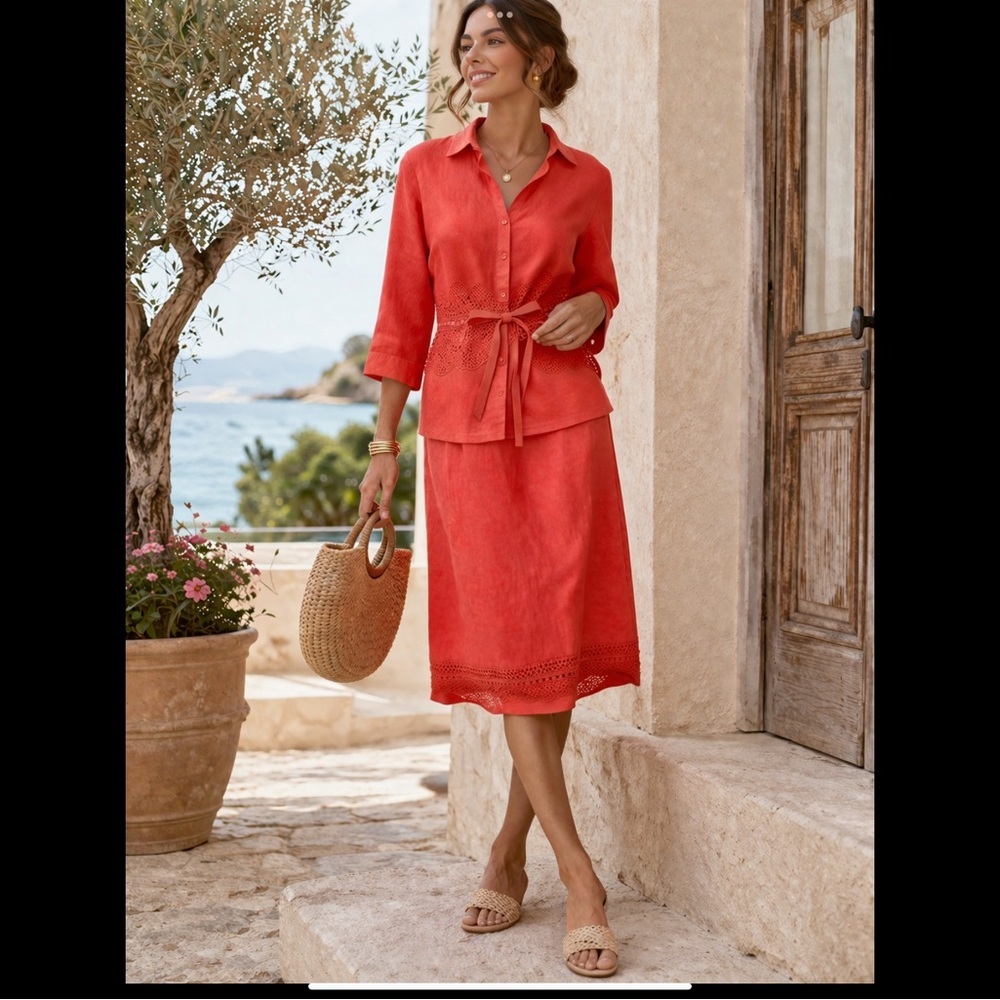 Lino USA Linen Skirt Set NWT Coral Embroidered Resort Set Coastal Midi 2-piece
